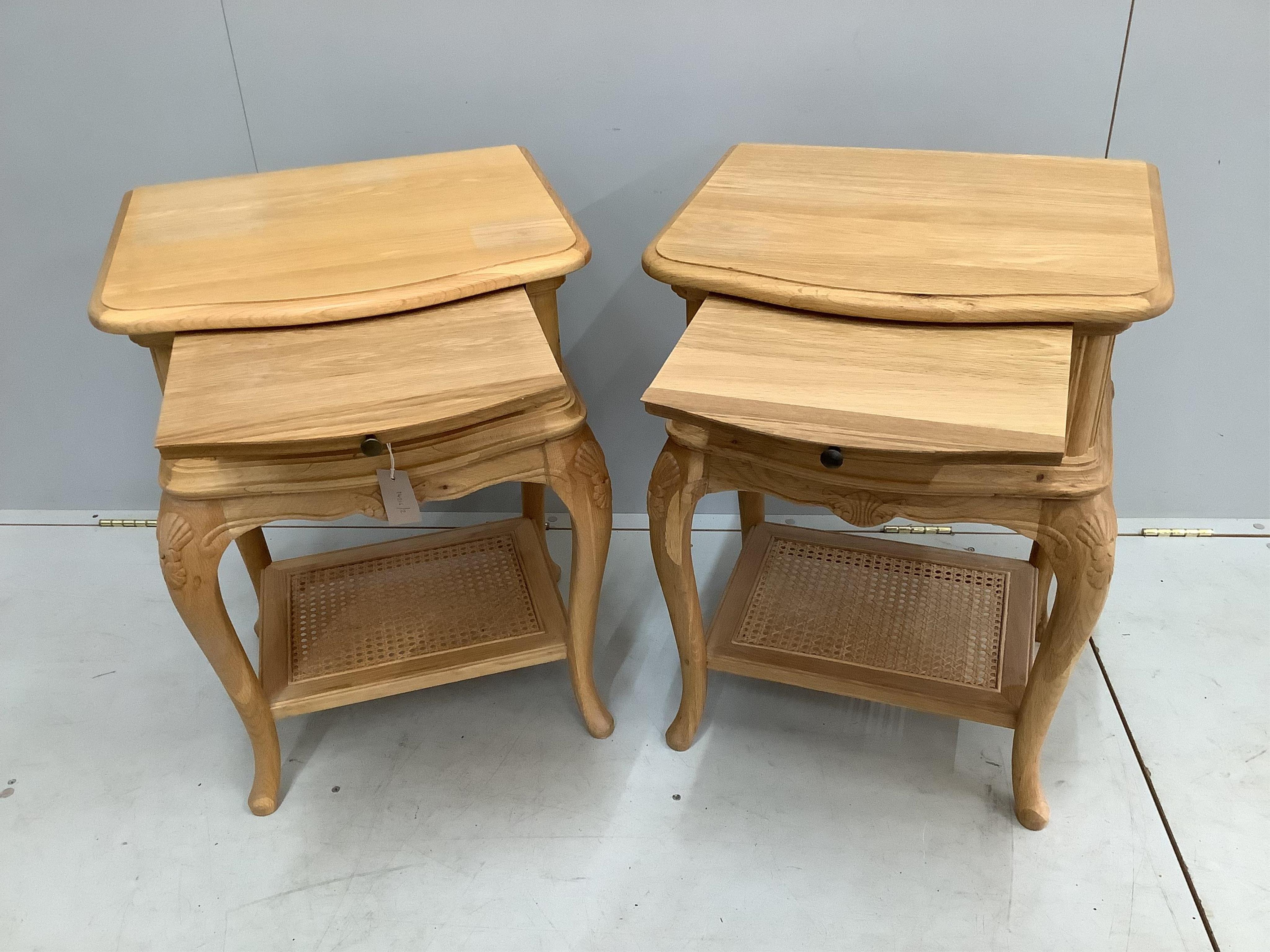 A pair of Willis and Gambier Charlotte caned oak bedside tables, width 49cm, depth 43cm, height 69cm